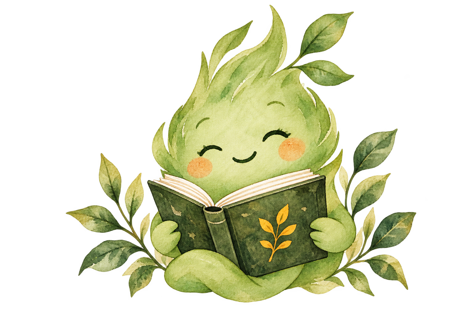 Mascote da Lume lendo um livro entre folhas